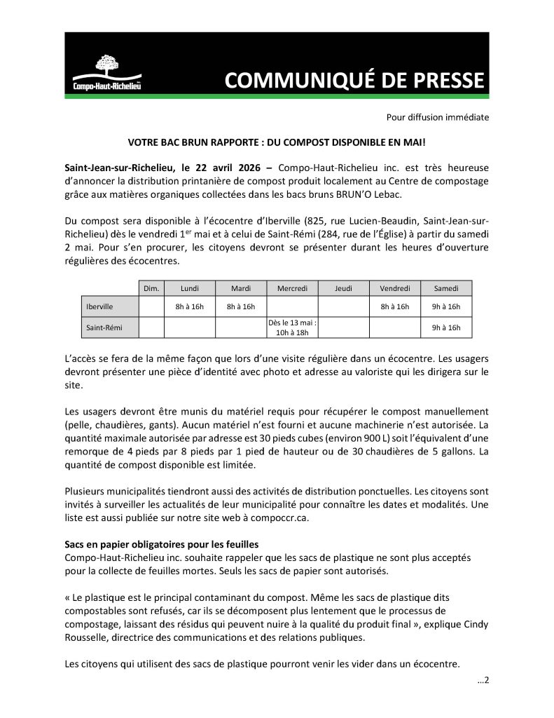 Press release page from Compo-Haut-Richelieu with bold header 'COMMUNIQUÉ DE PRESSE' and a green underline, announcing local compost distribution.