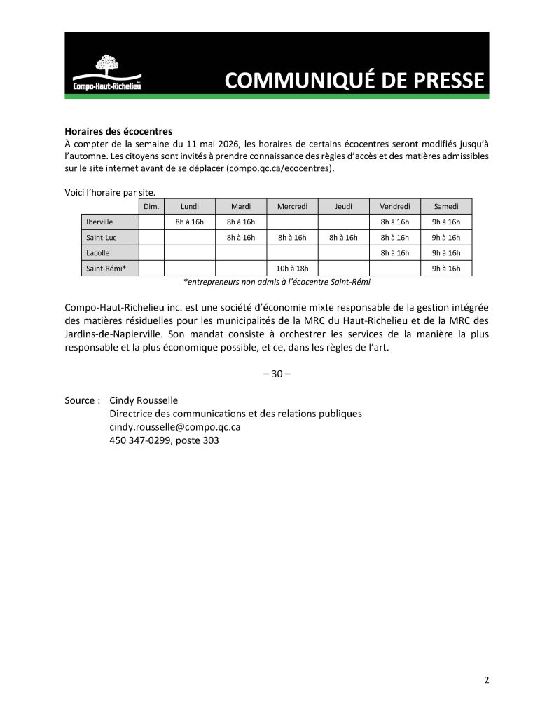 Press release page in French with the heading 'COMMUNIQUÉ DE PRESSE', a table listing ecocentre hours (Iberville, Saint-Luc, Lacolle, Saint-Remi), and a contact block.