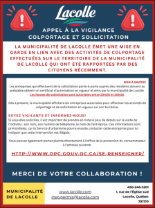 Municipalité de Lacolle émet une alerte de vigilance contre le démarchage à domicile; explications sur les heures d’activité autorisées et les entreprises autorisées sur le territoire, avec lien et contact pour protection du consommateur.
