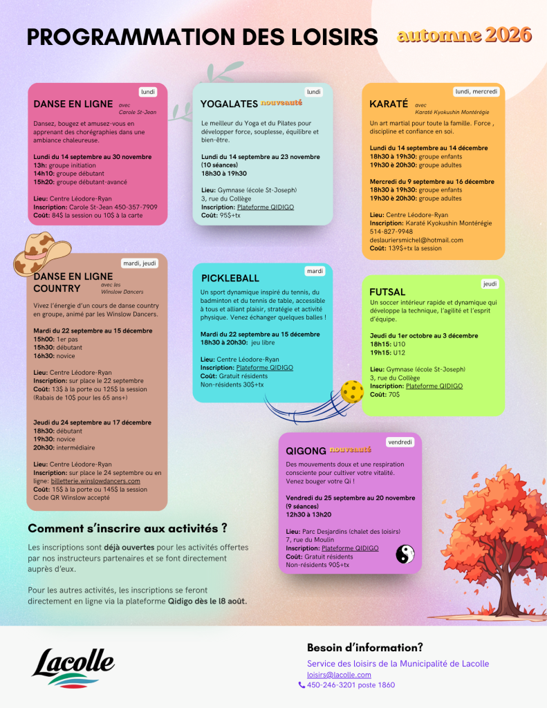 La programmation d&rsquo;automne des loisirs est dévoilée!